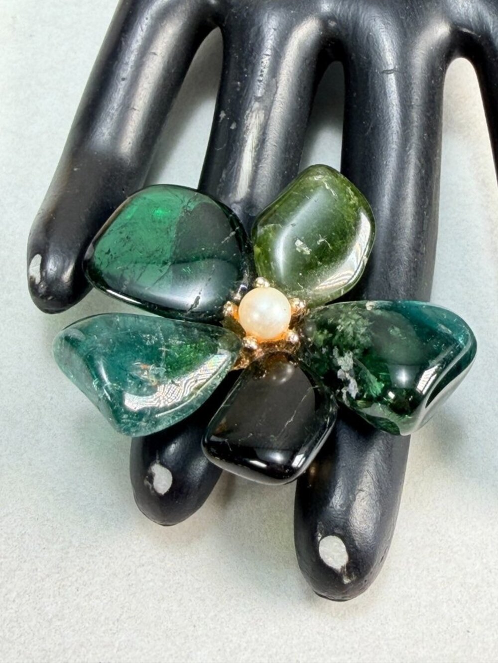 Swoboda Jade Flower Brooch Pearl Center Green Gemstone Floral Pin